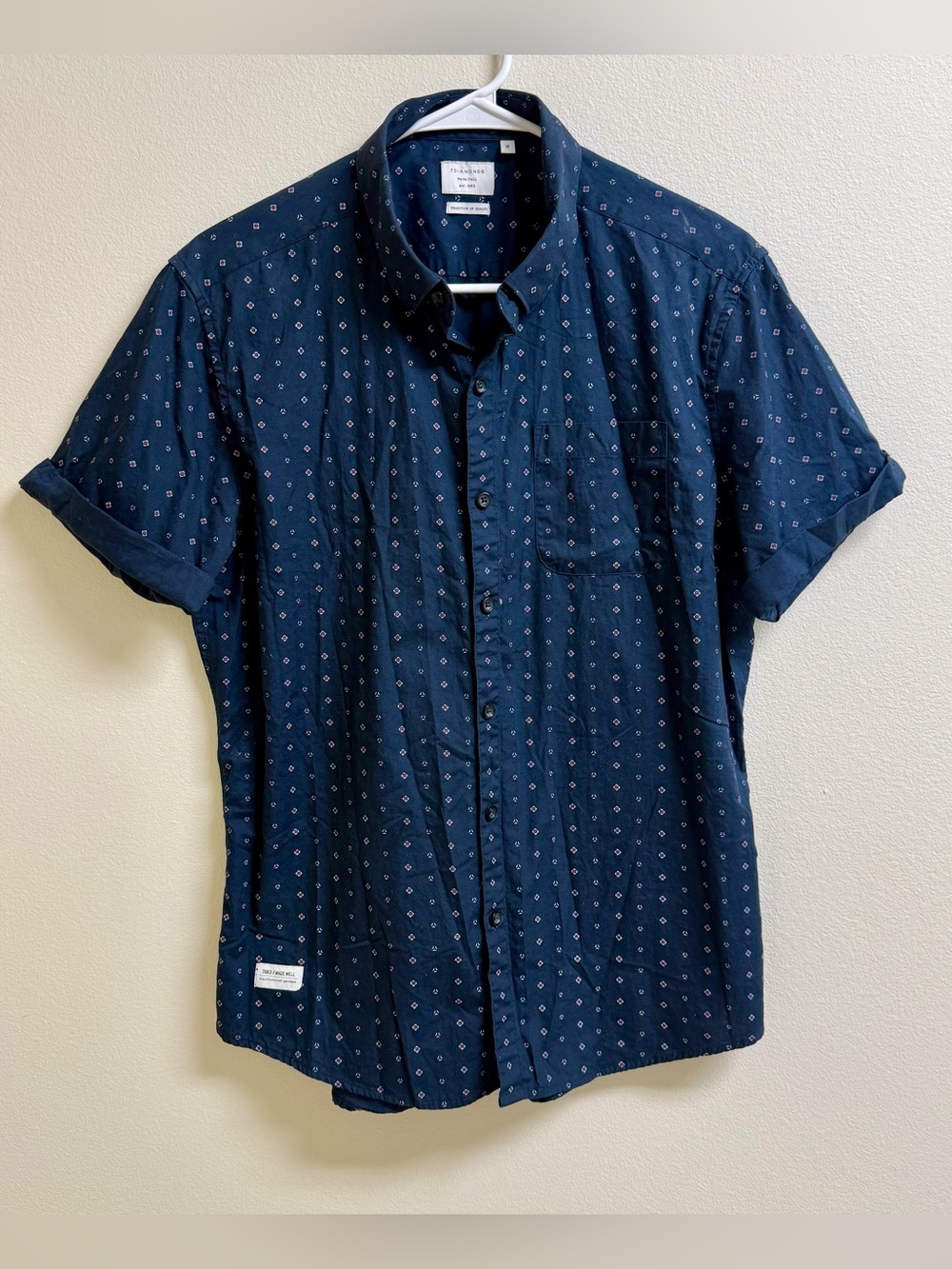 7Diamonds Men's Navy Short-Sleeve Button-Up Shirt with Micro Print size M